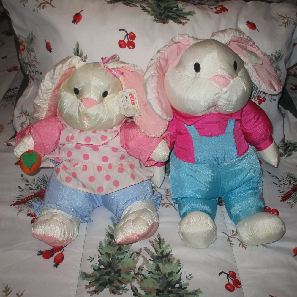 2 Boy & Girl Vintage 90s Easter Rabbit Bunny Plush Nylon Stuffed Parachute--Tags